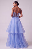 Blue Corset Pearls Strapless A-Line Tiered Long Prom Dress