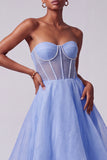 Blue Corset Pearls Strapless A-Line Tiered Long Prom Dress