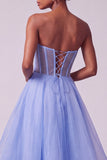 Blue Corset Pearls Strapless A-Line Tiered Long Prom Dress