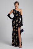 Black Velvet Sheath One Shoulder Sequins Maxi Mother of the Bride Dress with Side Slit