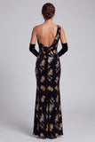 Black Velvet Sheath One Shoulder Sequins Maxi Mother of the Bride Dress with Side Slit