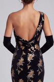 Black Velvet Sheath One Shoulder Sequins Maxi Mother of the Bride Dress with Side Slit