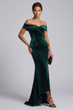 Dark Green Sheath Off the Shoulder Velvet High Low Long Mother of the Bride Dress