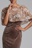 Chocolates Sheath Round Neck Velvet Sequins Long Mother of the Bride Dress with Cape