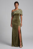 Olive Sheath Asymmetrical One Shoulder Velvet Maxi Mother of the Bride Dress with 3D Flower