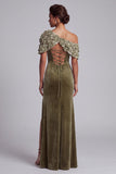Olive Sheath Asymmetrical One Shoulder Velvet Maxi Mother of the Bride Dress with 3D Flower