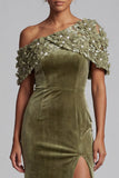 Olive Sheath Asymmetrical One Shoulder Velvet Maxi Mother of the Bride Dress with 3D Flower