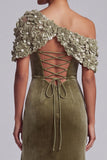 Olive Sheath Asymmetrical One Shoulder Velvet Maxi Mother of the Bride Dress with 3D Flower