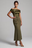 Olive Sheath Off the Shoulder Ruffled Midi Mother of the Bride Dress with Side Slit