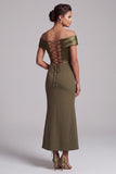 Olive Sheath Off the Shoulder Ruffled Midi Mother of the Bride Dress with Side Slit