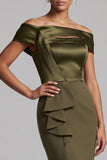 Olive Sheath Off the Shoulder Ruffled Midi Mother of the Bride Dress with Side Slit