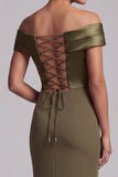 Olive Sheath Off the Shoulder Ruffled Midi Mother of the Bride Dress with Side Slit