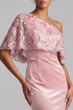 Pink Sheath One Shoulder Velvet Maxi Mother of the Bride Dress with Embroidery