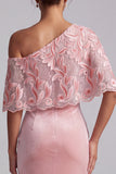 Pink Sheath One Shoulder Velvet Maxi Mother of the Bride Dress with Embroidery