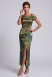 Olive Sheath Asymmetrical Off the Shoulder Printed Long Mother of the Bride Dress with Ruffles