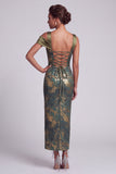 Olive Sheath Asymmetrical Off the Shoulder Printed Long Mother of the Bride Dress with Ruffles