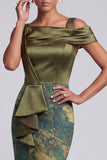 Olive Sheath Asymmetrical Off the Shoulder Printed Long Mother of the Bride Dress with Ruffles