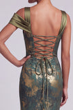 Olive Sheath Asymmetrical Off the Shoulder Printed Long Mother of the Bride Dress with Ruffles