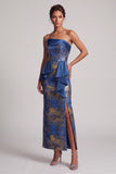 Dark Blue Sheath Strapless Ruffles Long Mother of the Bride Dress with Side Slit