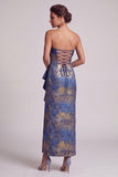 Dark Blue Sheath Strapless Ruffles Long Mother of the Bride Dress with Side Slit