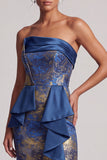 Dark Blue Sheath Strapless Ruffles Long Mother of the Bride Dress with Side Slit