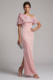 Pink Sheath Asymmetrical Velvet One Shoulder Sequins Embroidered Long Mother of the Bride Dress
