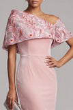 Pink Sheath Asymmetrical Velvet One Shoulder Sequins Embroidered Long Mother of the Bride Dress