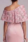 Pink Sheath Asymmetrical Velvet One Shoulder Sequins Embroidered Long Mother of the Bride Dress