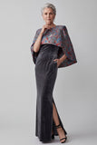 Dark Grey Velvet Jacquard Sheath Long Mother of the Bride Dress with Cape