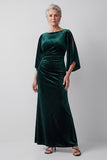 Dark Green Bateau Neck Sheath Ruched Beaded Mother of the Bride Dress with Slit Flutter Sleeves