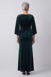 Dark Green Bateau Neck Sheath Ruched Beaded Mother of the Bride Dress with Slit Flutter Sleeves