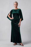 Dark Green Bateau Neck Sheath Ruched Beaded Mother of the Bride Dress with Slit Flutter Sleeves