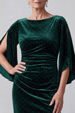 Dark Green Bateau Neck Sheath Ruched Beaded Mother of the Bride Dress with Slit Flutter Sleeves