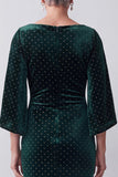 Dark Green Bateau Neck Sheath Ruched Beaded Mother of the Bride Dress with Slit Flutter Sleeves