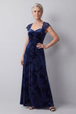 Navy Velvet Lace Cap Sleeves A-Line Long Mother of the Bride Dress