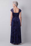 Navy Velvet Lace Cap Sleeves A-Line Long Mother of the Bride Dress