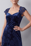 Navy Velvet Lace Cap Sleeves A-Line Long Mother of the Bride Dress