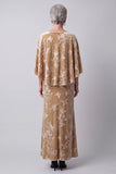Champagne Velvet Bateau Neck Floral Printed Long Mother of the Bride Dress with Cape