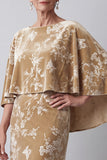 Champagne Velvet Bateau Neck Floral Printed Long Mother of the Bride Dress with Cape