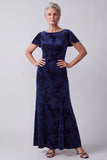 Navy Bateau Neck Velvet Floral Flutter Sleeves Long Mother of the Bride Dress