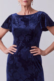 Navy Bateau Neck Velvet Floral Flutter Sleeves Long Mother of the Bride Dress