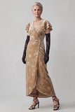 Champagne V-Neck Ruched Sheath Long Mother of the Bride Dress with Ruffle Flutter Sleeves