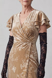 Champagne V-Neck Ruched Sheath Long Mother of the Bride Dress with Ruffle Flutter Sleeves