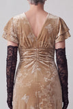 Champagne V-Neck Ruched Sheath Long Mother of the Bride Dress with Ruffle Flutter Sleeves