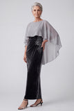 Black Velvet Embroidery Sequins Ruched Bateau Neck Mother of the Bride Dress with Chiffon Cape