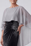 Black Velvet Embroidery Sequins Ruched Bateau Neck Mother of the Bride Dress with Chiffon Cape