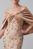 Off the Shoulder Champagne High Low Velvet Ruched Appliques Mother of the Bride Dress