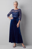 Dark Blue Illusion Round Neck Velvet Sequins Embroidery Long Mother of the Bride Dress