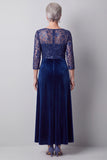 Dark Blue Illusion Round Neck Velvet Sequins Embroidery Long Mother of the Bride Dress