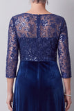Dark Blue Illusion Round Neck Velvet Sequins Embroidery Long Mother of the Bride Dress
